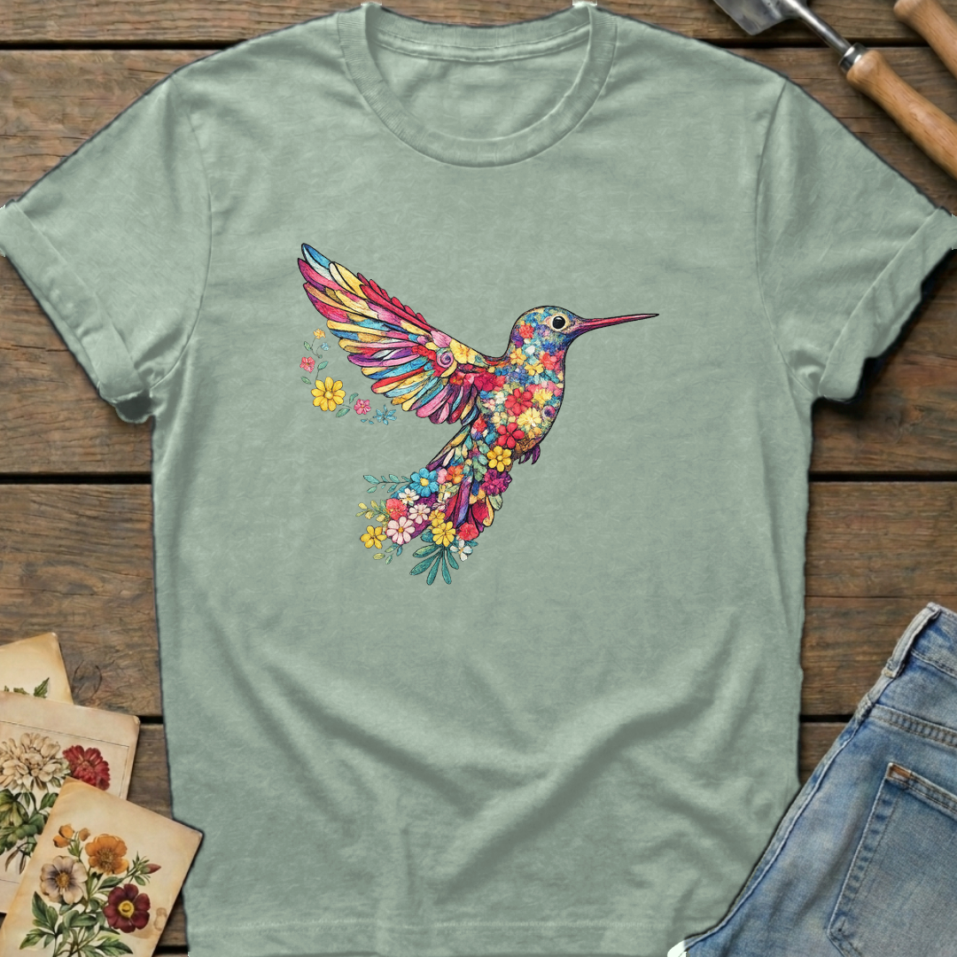 Embroidered Hummingbird (faux)T-shirt in Bay - Comfort Colors 1717 flat lay