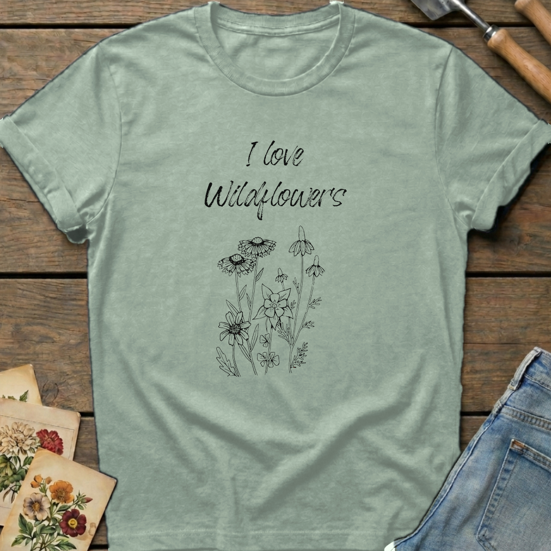 I Love Wild Flowers T-Shirt in Bay - Comfort Colors 1717 flat lay