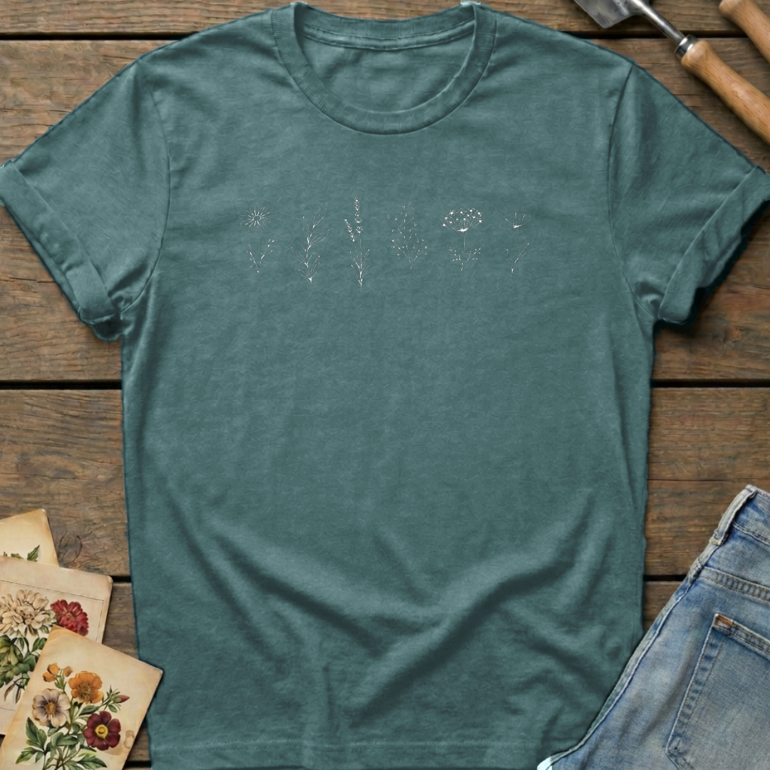 Simple Flower Line T-Shirt in Blue Spruce - Comfort Colors 1717 flat lay