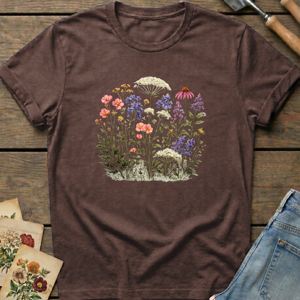 Colorful Wild Flowers T-shirt in Espresso - Comfort Colors 1717 flat lay