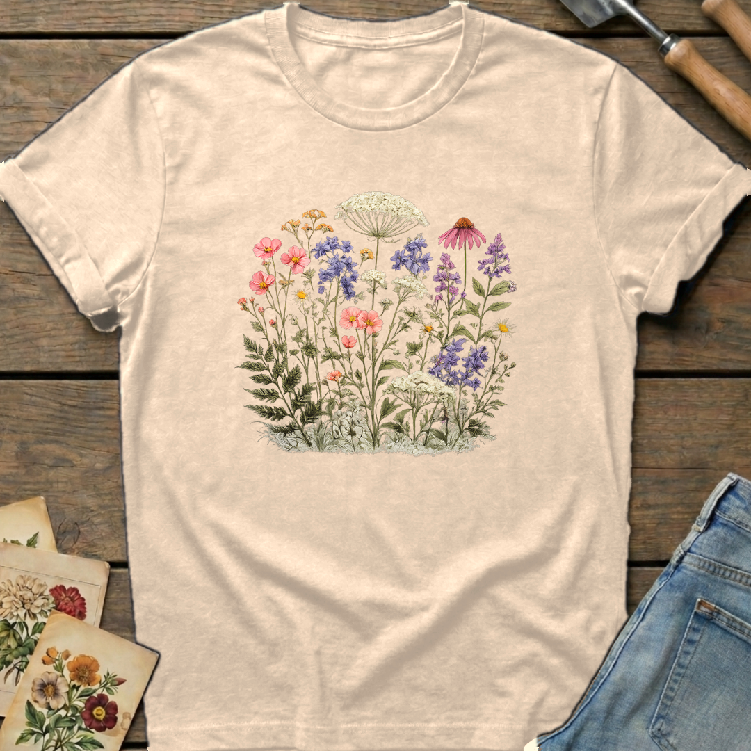 Colorful Wild Flowers T-shirt in Ivory - Comfort Colors 1717 flat lay