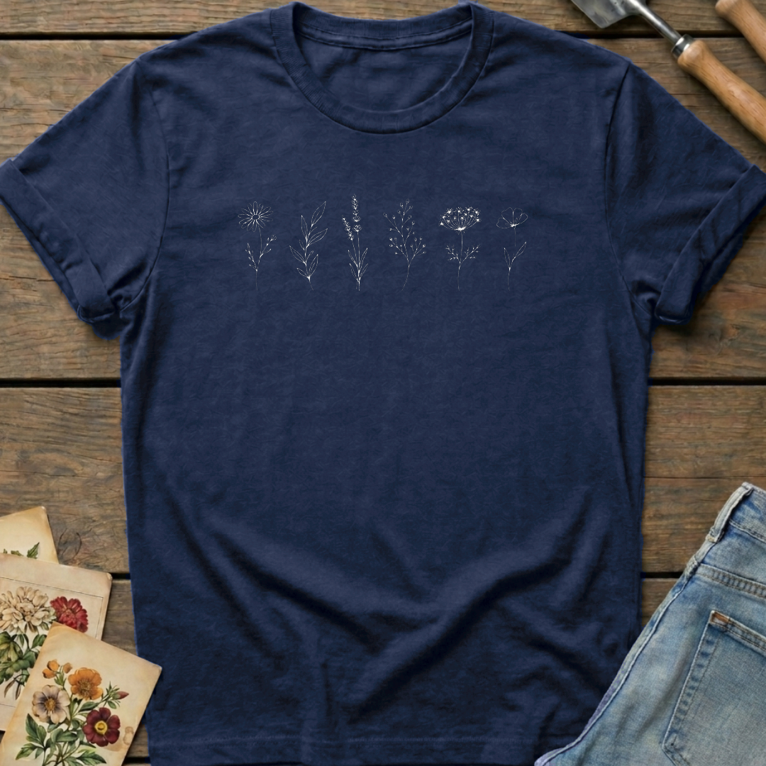 Simple Flower Line T-Shirt in Midnight - Comfort Colors 1717 flat lay